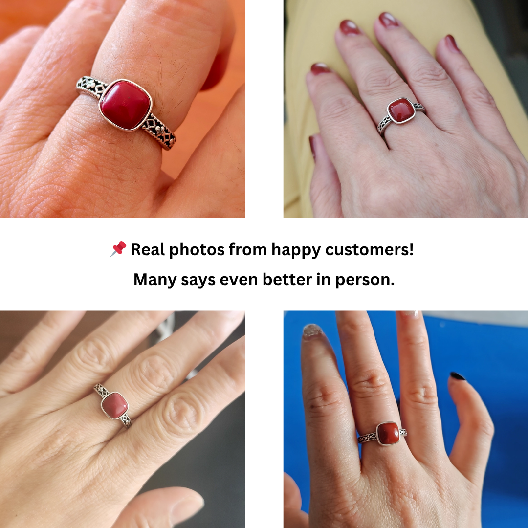 Handmade 925 Silver Adjustable Ring – Natural Red Agate Crystal