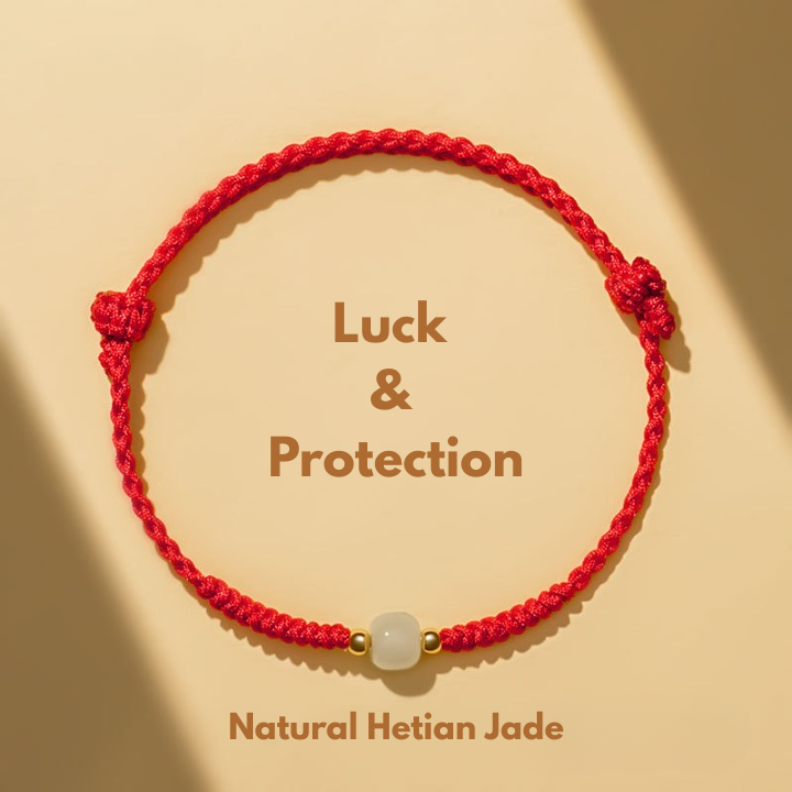 Handmade Red String Green Hetian Jade Bracelet front view