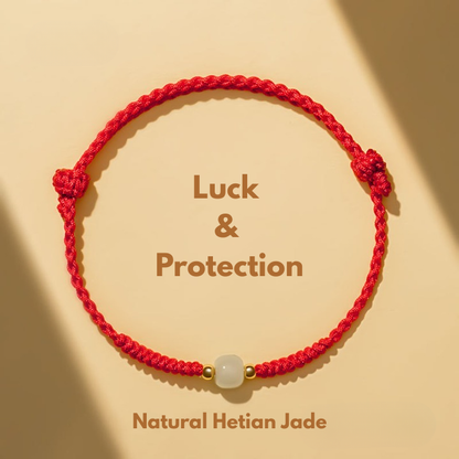 Handmade Red String Green Hetian Jade Bracelet front view