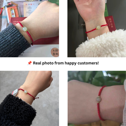 Handmade Red String Green Hetian Jade Bracelet worn on wrist