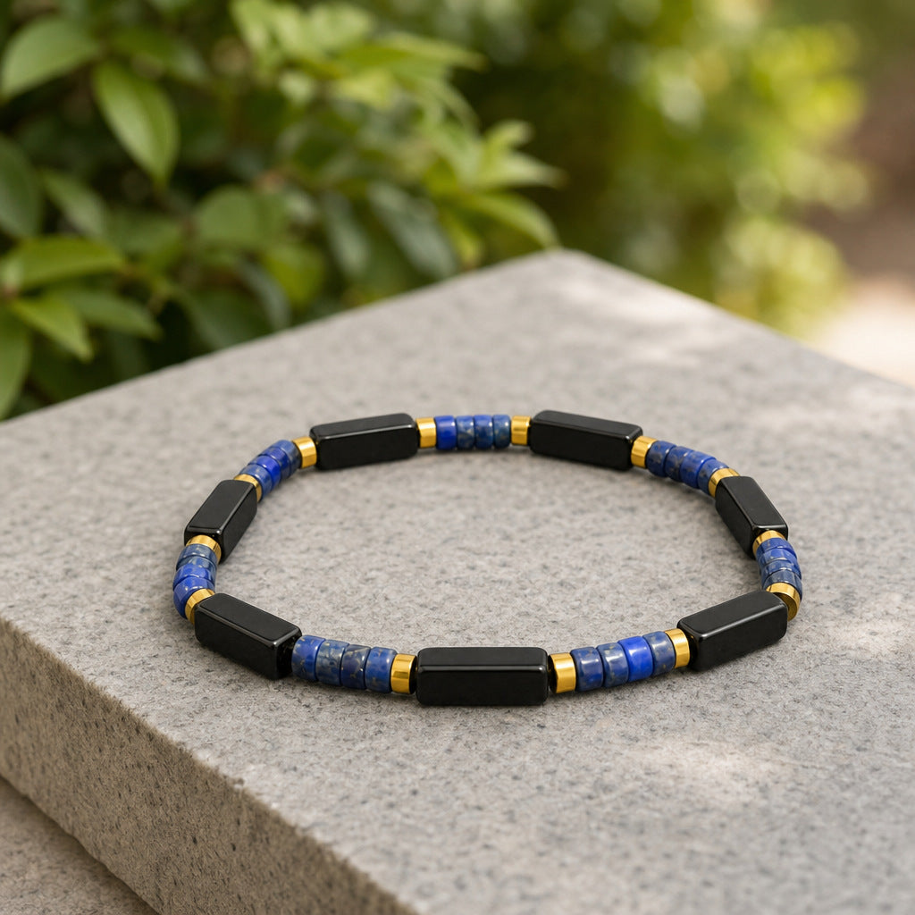 Men's Lapis Lazuli Bracelet with Black Obsidian Beads