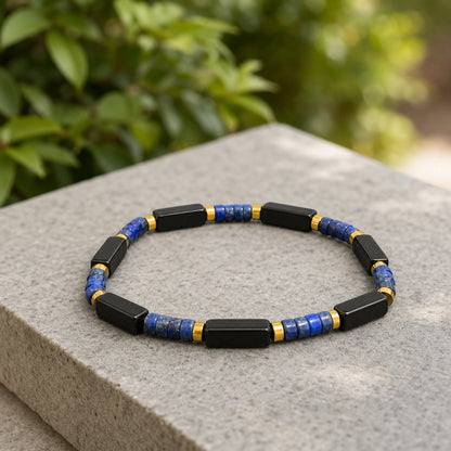 Men's Lapis Lazuli Bracelet with Black Obsidian Beads