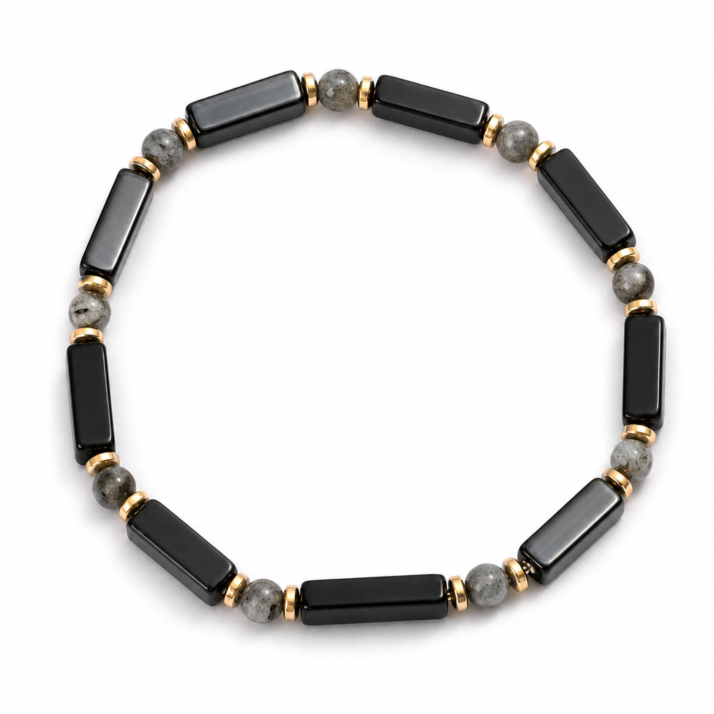 Natural Black Agate and Larvikite Gemstone Bracelet