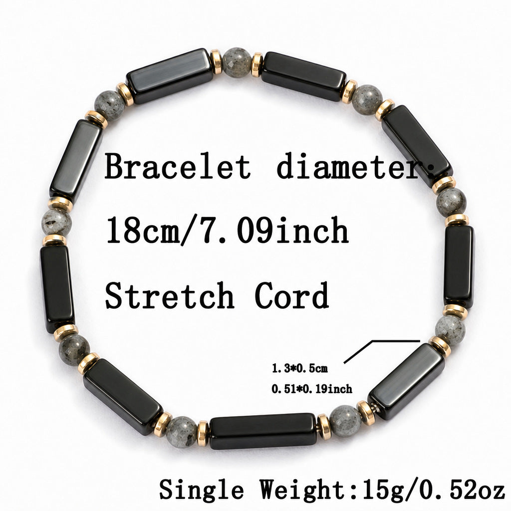 Men's Black Agate Stretch Bracelet with Larvikite