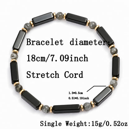 Men's Black Agate Stretch Bracelet with Larvikite