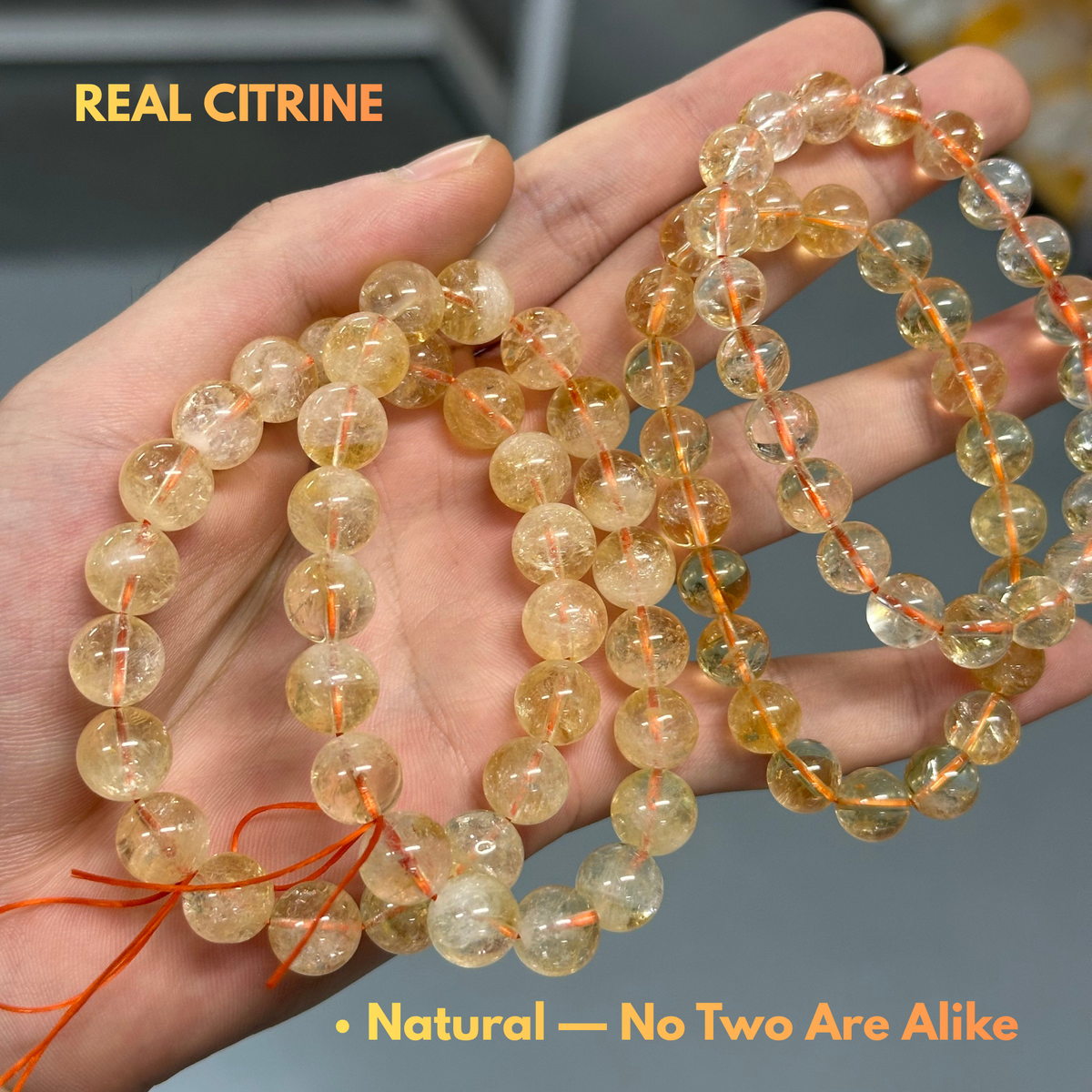 Natural Citrine beads showing unique color and natural variations 4 bracelets compare natural color variant