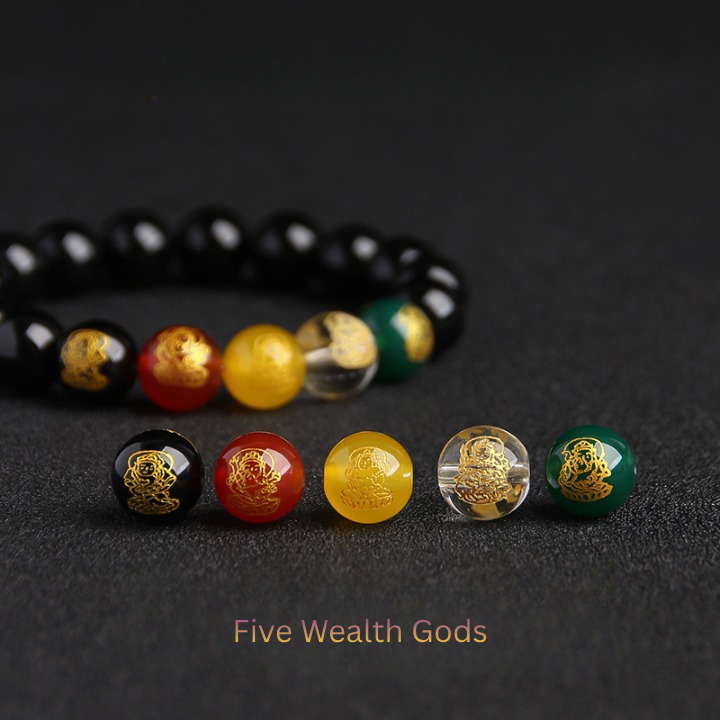 Black obsidian feng shui wealth bracelet with five wealth gods symbol