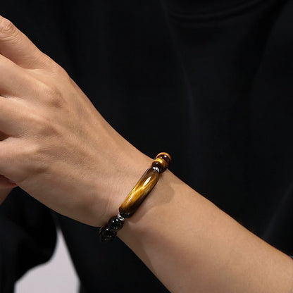 Man Wearing Natural Golden Obsidian and Tiger Eye Bracelet with 10mm Beads