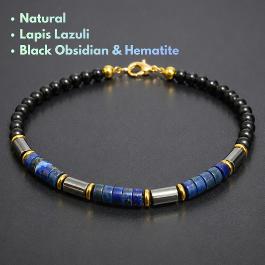 Natural Lapis Lazuli Bracelet for Men with Genuine Black Obsidian and Hematite