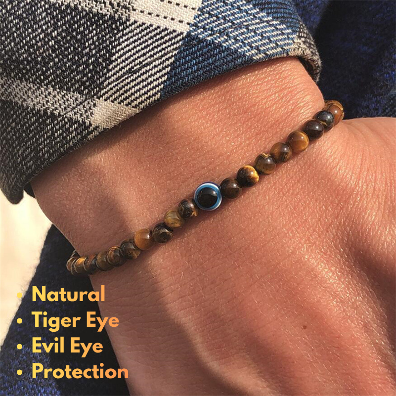Natural Tiger Eye Evil Eye bracelet for men worn on wrist with genuine gemstone beads