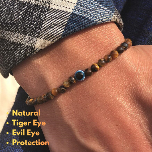 Natural Tiger Eye Evil Eye bracelet for men worn on wrist with genuine gemstone beads