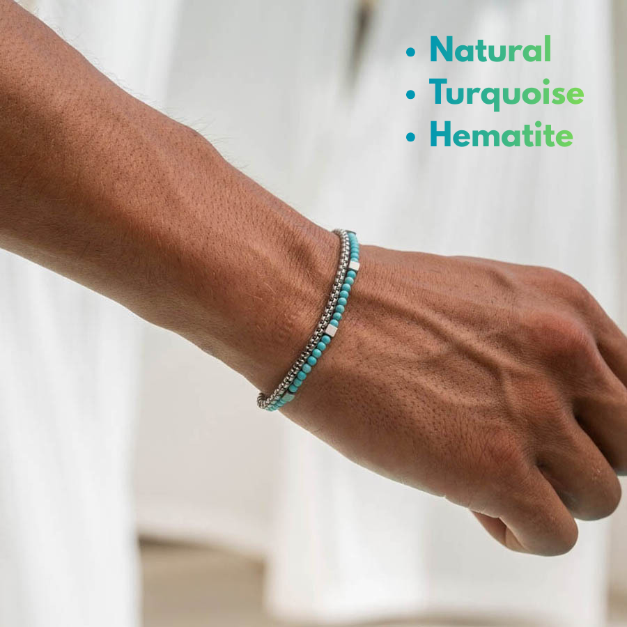 men’s turquoise and hematite bracelet – natural stone stacked design