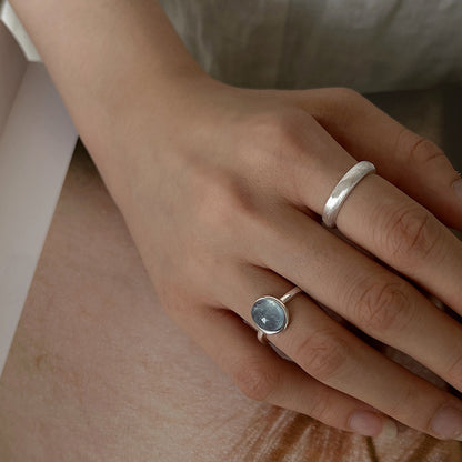 blue gemstone aquamarine 925 silver ring handcrafted minimalist design wear on woman