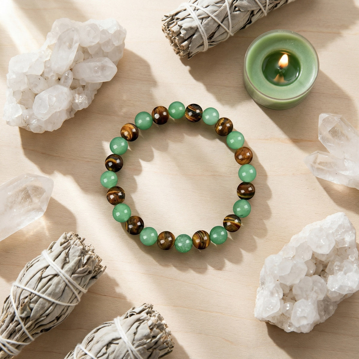 Green Aventurine Bracelet Combined with Natural Tiger Eye Stones