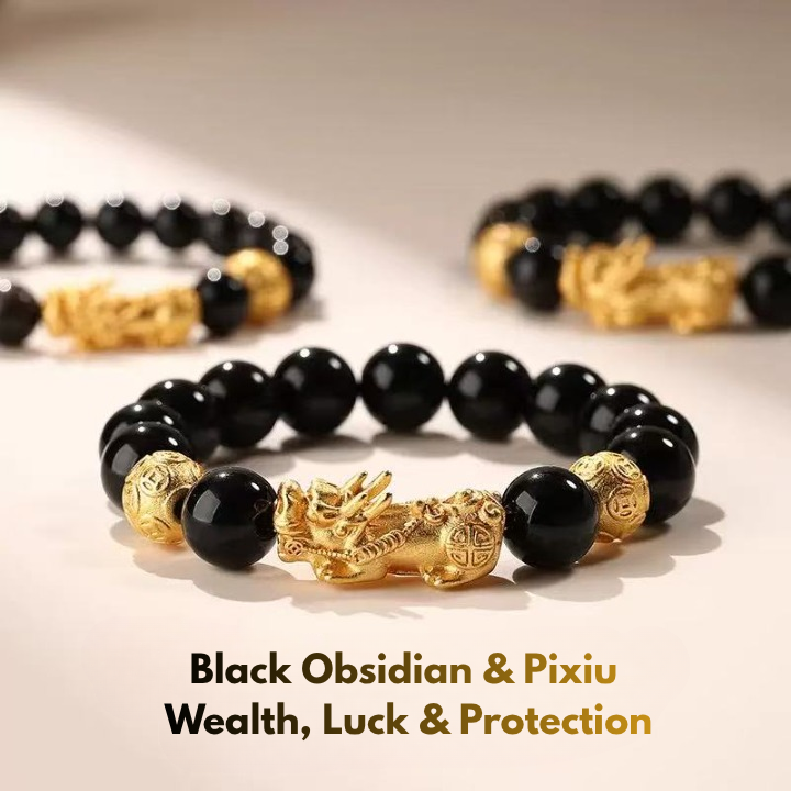 Natural Black Obsidian Pixiu Bracelet with Gold Charm – Feng Shui Wealth Jewelry