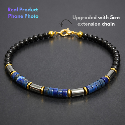 Natural Lapis Lazuli Bracelet for Men with Genuine Black Obsidian and Hematite