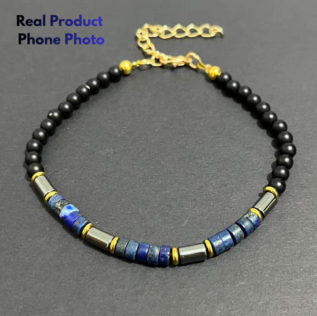 Handcrafted men's gemstone bracelet featuring natural Lapis Lazuli and Black Obsidian