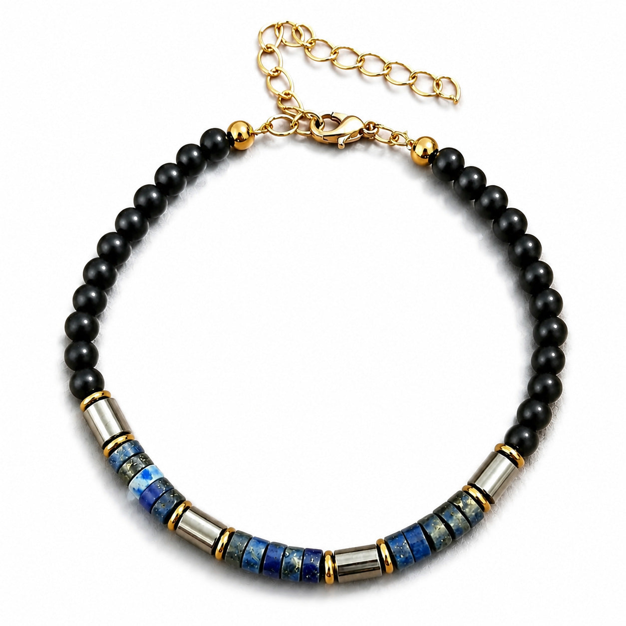 Natural Lapis Lazuli Bracelet for Men with Genuine Black Obsidian and Hematite white background