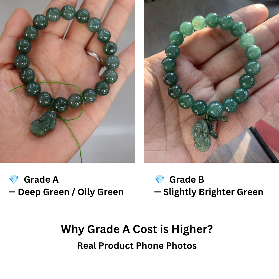 Natural Myanmar Jadeite Bracelet with Pixiu Charm Grade A vs grade B compare look