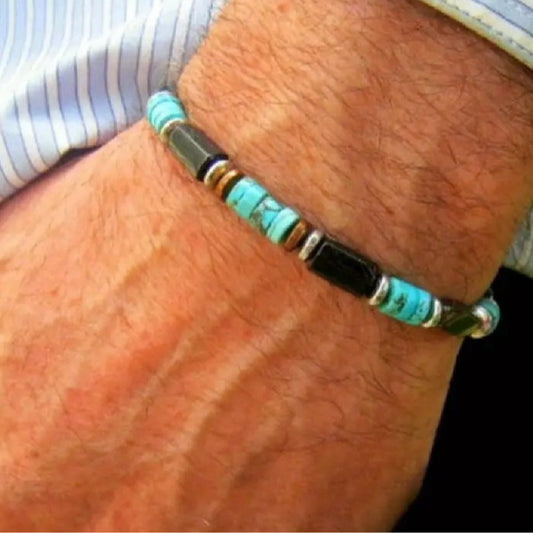 Men’s Hematite & Turquoise Bracelet – Natural Stone Healing Jewelry for Strength & Protection