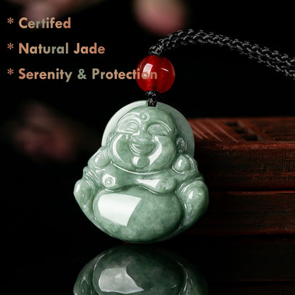 Certified Natural Green Jadeite Buddha Pendant Necklace – Serenity, Protection & Good Fortune