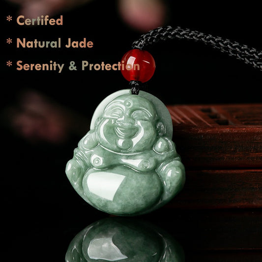 Certified Natural Green Jadeite Buddha Pendant Necklace – Serenity, Protection & Good Fortune
