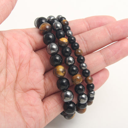 Handmade Triple Protection Bracelet: Tiger's Eye, Black Obsidian, and Hematite - Shield & Grounding