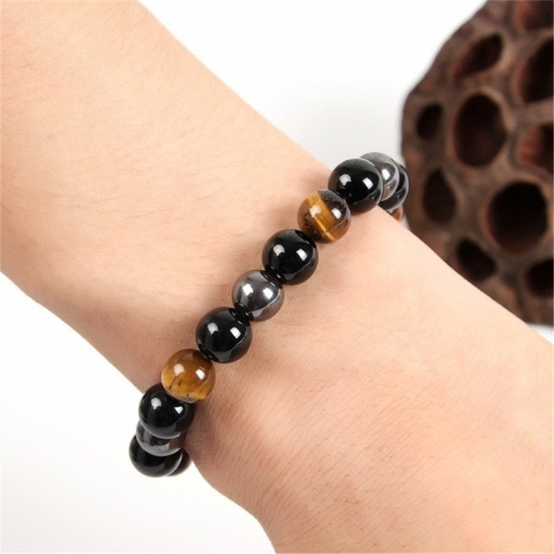Men’s triple protection bracelet tiger’s eye black obsidian hematite