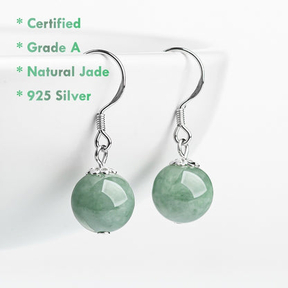 Certified Grade A Jadeite Bead Earrings – Natural 10mm Jade Round with 925 Sterling Silver