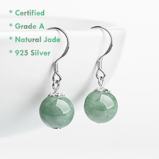 Certified Grade A Jadeite Bead Earrings – Natural 10mm Jade Round with 925 Sterling Silver