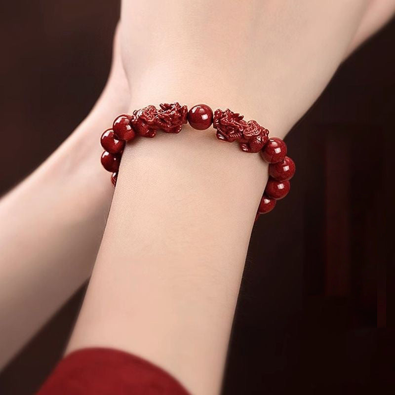 Double Pixiu red cinnabar bracelet close-up