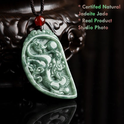 Natural Green Jade Heart Pendants – Dragon and Phoenix Carving Detail