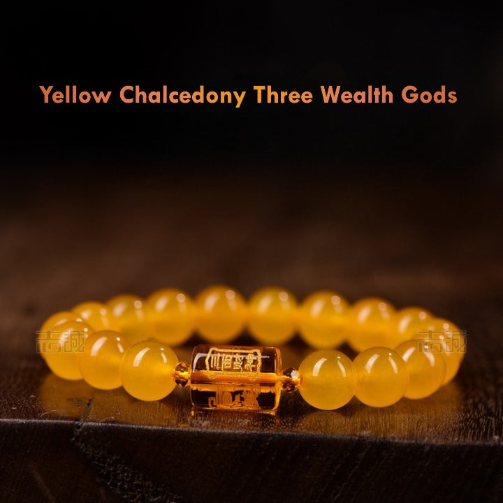 Natural Yellow Chalcedony Feng Shui Bracelet – Three Wealth Gods, Prosperity & Protection