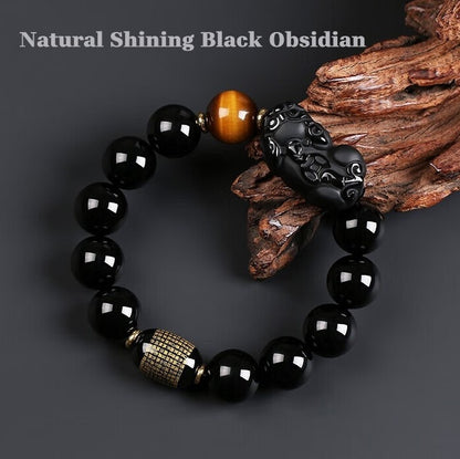 Natural Black Obsidian Pixiu Tiger’s Eye Bracelet – Protection, Wealth & Strength