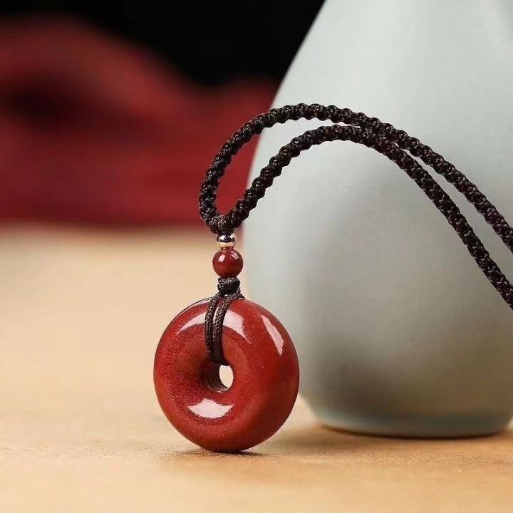 High-Content Red Cinnabar Donut Pendant Necklace – Shimmering Round Amulet Jewelry