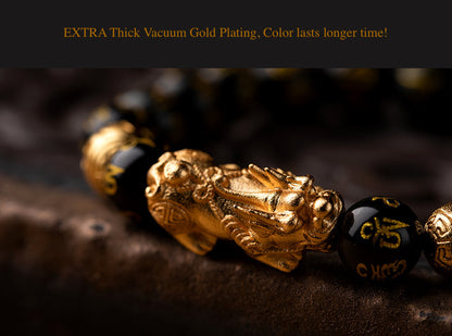 NCVM EXTRA THICK Gold Plating Pixiu Black Obsidian Bracelet -Wealth & Protection