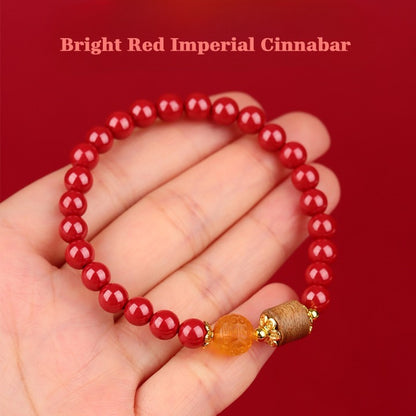 Tibetan Cinnabar & Amber Bead Agarwood Bracelet – Bright Red Imperial Cinnabar