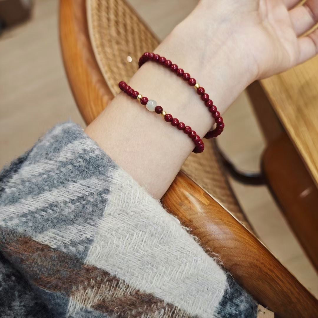 Natural Cinnabar Bead Bracelet with S925 Silver & Hetian Jade – Boost Well-being