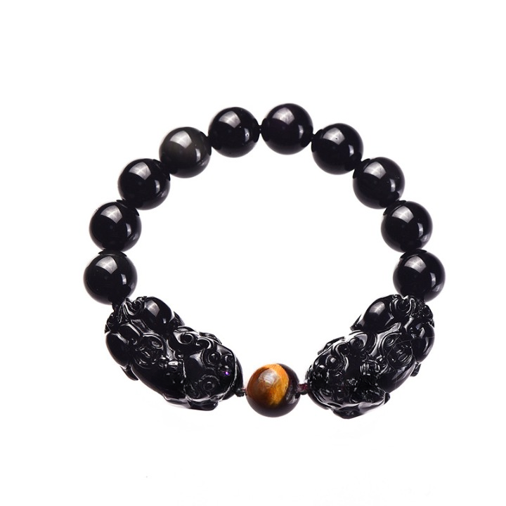 polished black obsidian bracelet with tiger eye bead