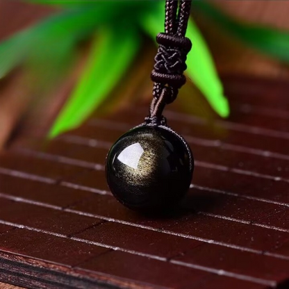 Lucky Turn Golden Black Obsidian Pendant Necklace – Natural 16mm Bead