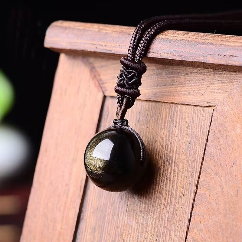 Lucky Turn Golden Black Obsidian Pendant Necklace – Natural 16mm Bead