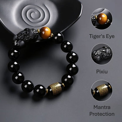 Natural Black Obsidian Pixiu Tiger’s Eye Bracelet – Protection, Wealth & Strength