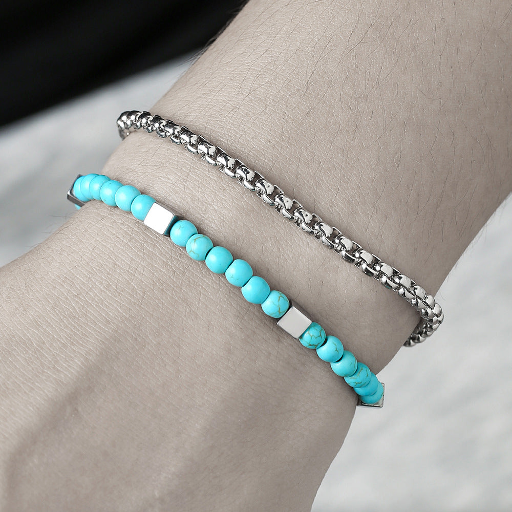 men’s blue turquoise beaded bracelet – stretch fit