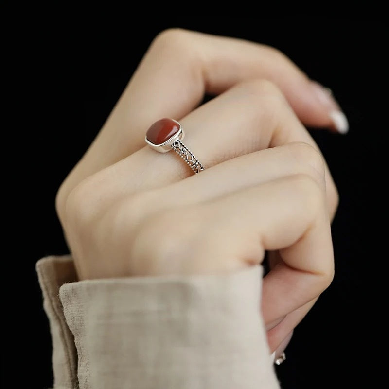 Feng Shui Red Agate Silver Ring – Luck, Courage & Emotional Balance
