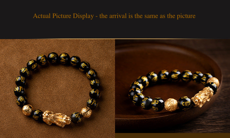 NCVM EXTRA THICK Gold Plating Pixiu Black Obsidian Bracelet -Wealth & Protection