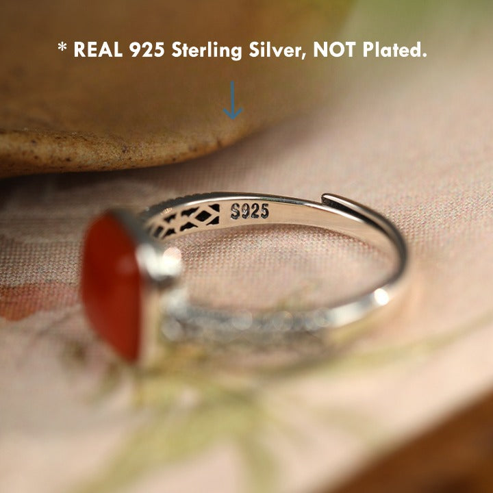 Natural Persimmon Red Agate Silver Ring – 925 Sterling Silver Adjustable Jewelry
