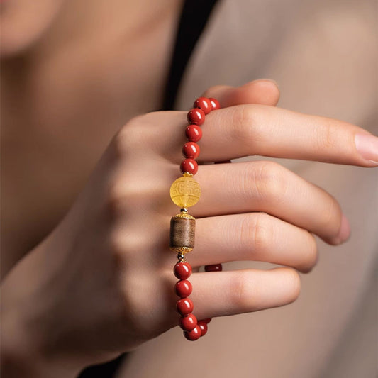 Tibetan Cinnabar & Amber Bead Agarwood Bracelet – Bright Red Imperial Cinnabar