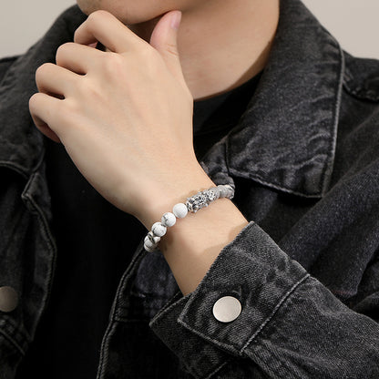 Yin Yang Pixiu Bracelet – Natural White & Grey Turquoise for Balance & Wealth