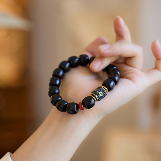 Black Ebony Wood Bracelet - Temple Blessing Beads with Lucky Cloud Design