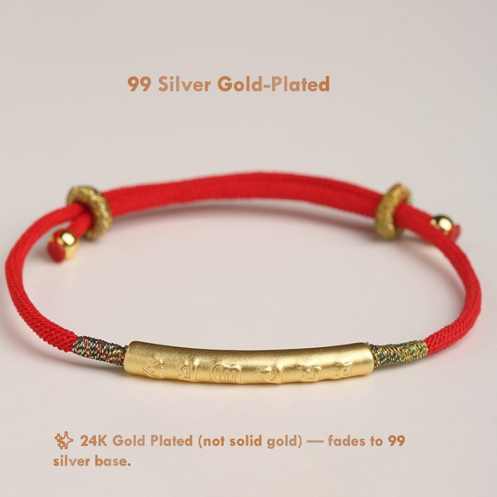 Tibetan Red String Bracelet – gold-plated mantra charm for protection & blessings